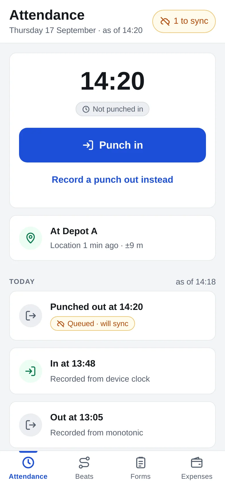 GPStrix Field attendance screen: the time 14:20, a Punch in button, the location At Depot A within 9 metres, and a punch out marked Queued, will sync.
