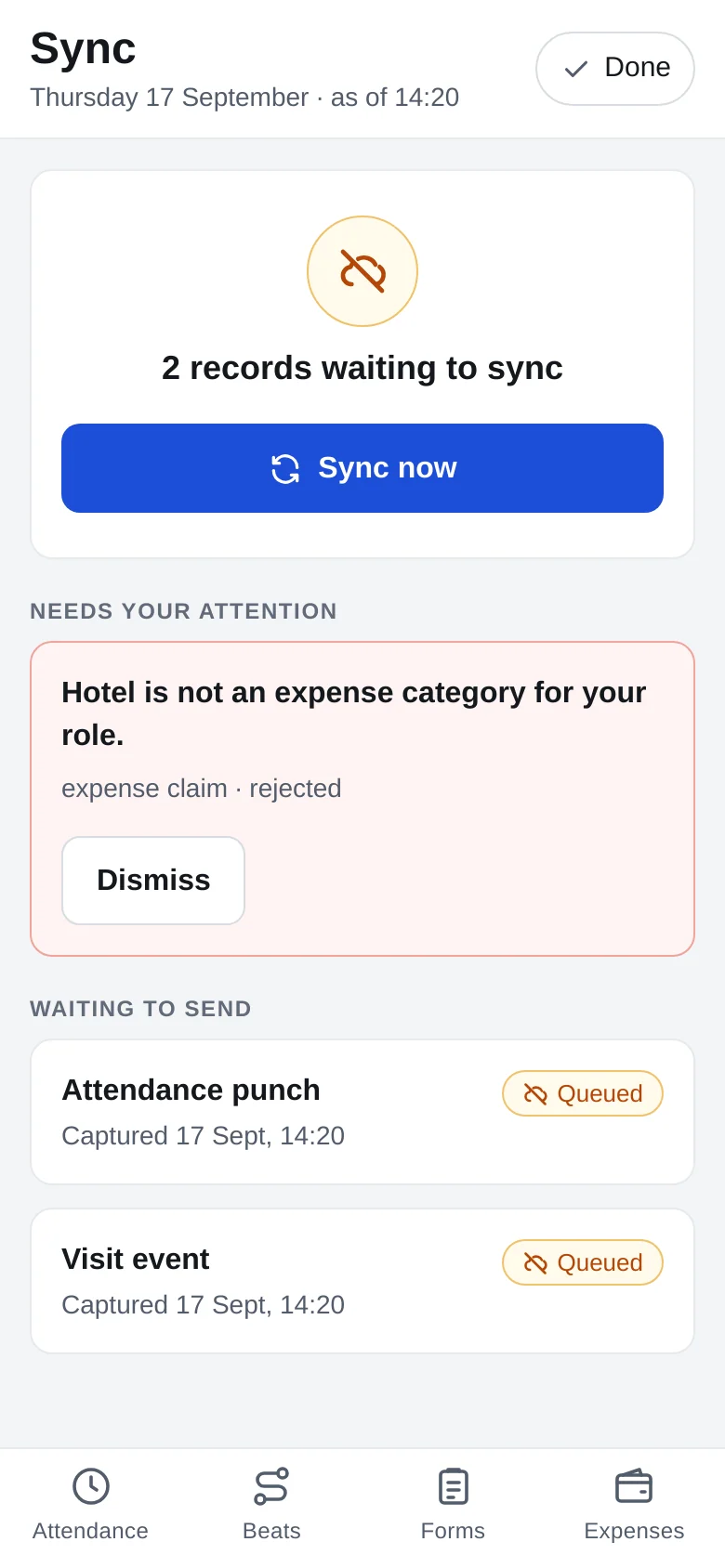 GPStrix Field sync screen: two records waiting to sync, one expense claim returned by the server because Hotel is not a category for the user's role, and a Sync now button.