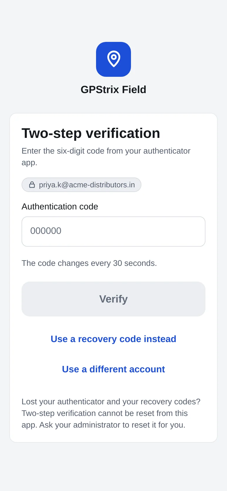 GPStrix Field asking for a six-digit code from an authenticator app, with links to use a recovery code or a different account.