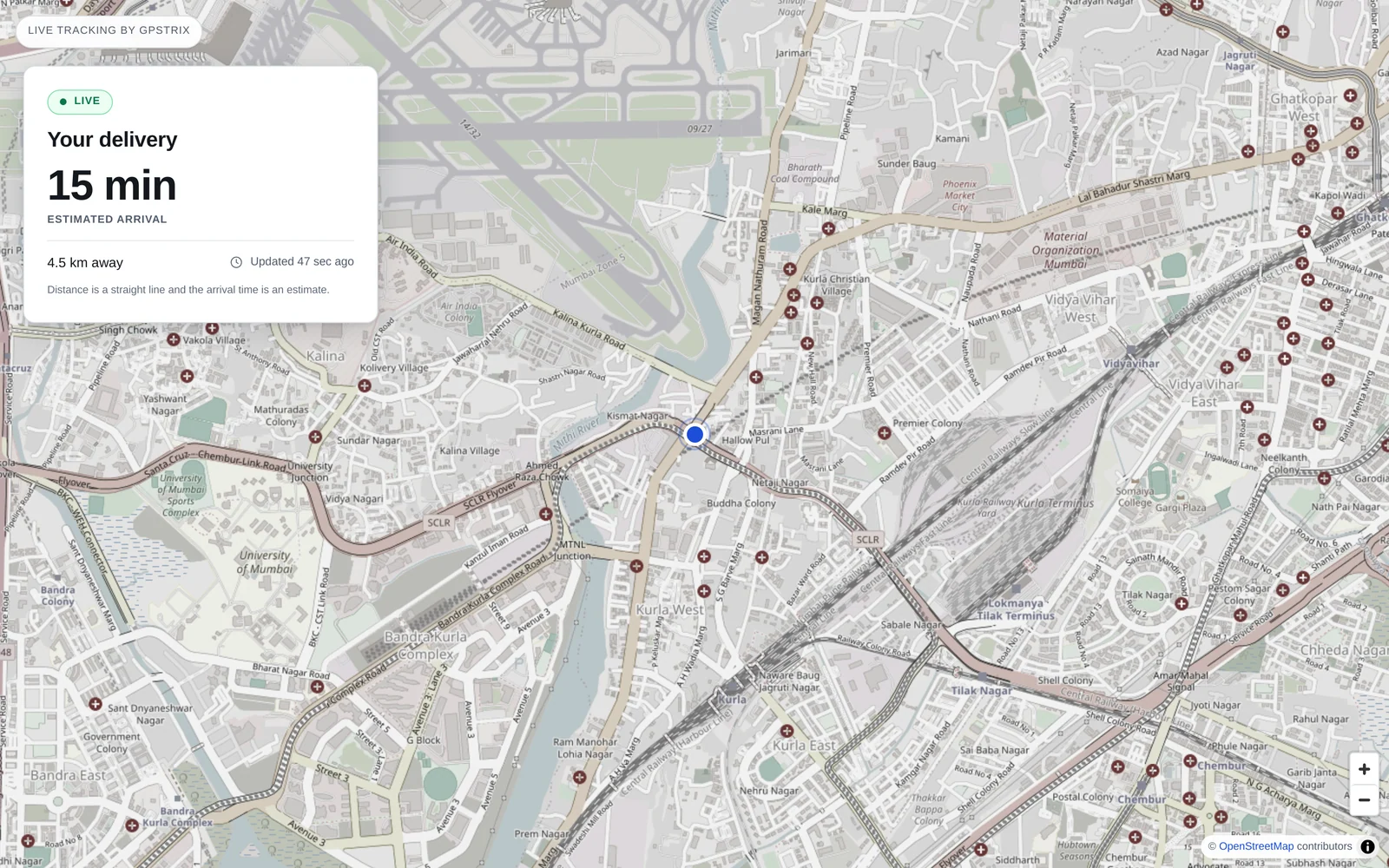 A public tracking link: a map of Kurla, Mumbai with one vehicle marked, and a card reading Your delivery, 15 min estimated arrival, 4.5 km away, updated 47 seconds ago.